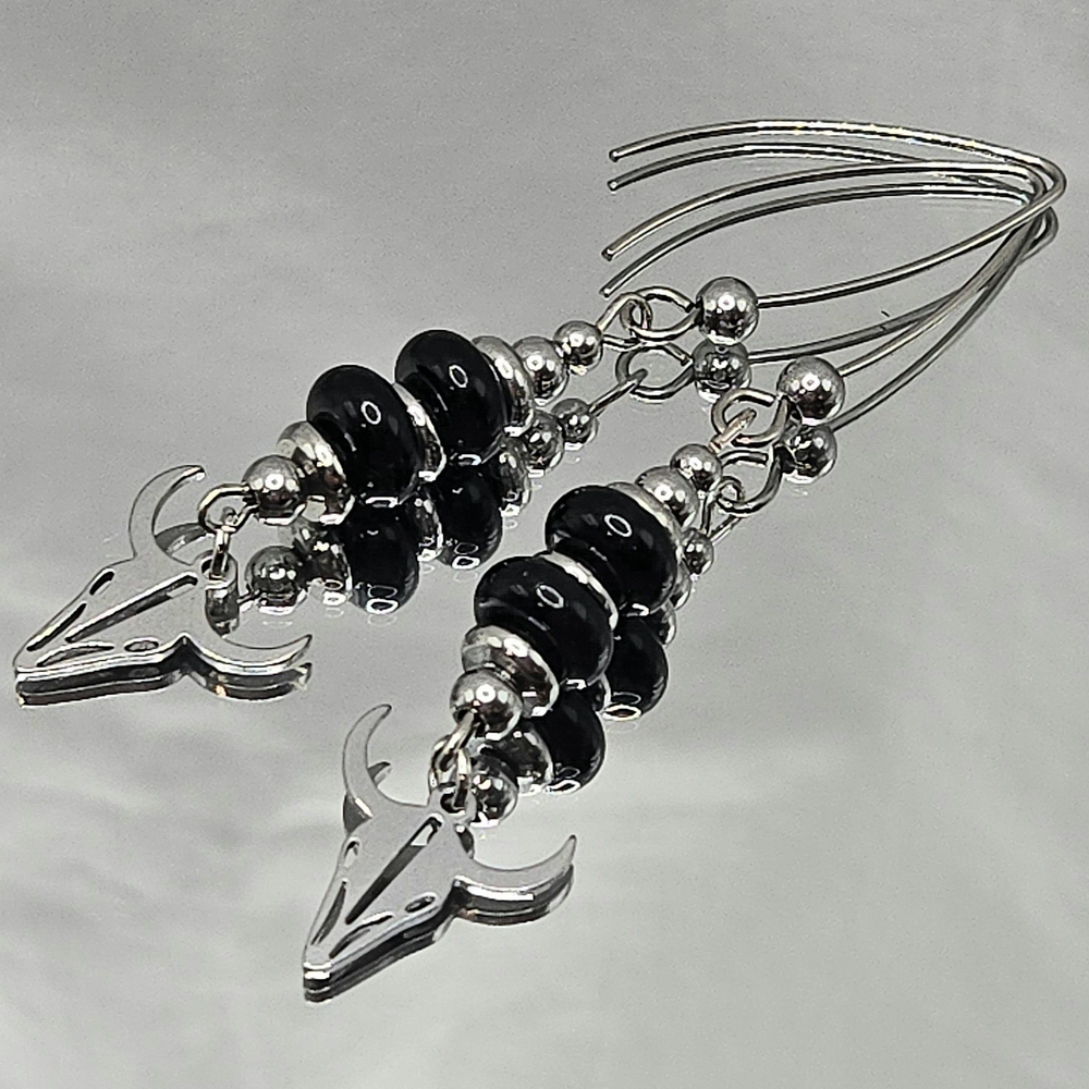 Handmade Stainless Steel Black Onyx & Bull Skull Dangle Earrings